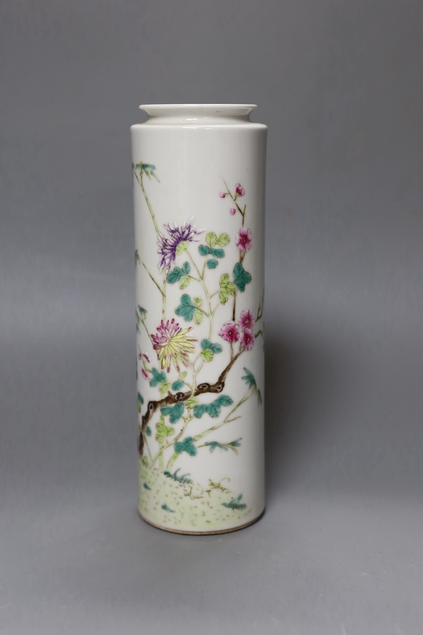 A Chinese cylindrical famille rose vase, 23.5 cms high